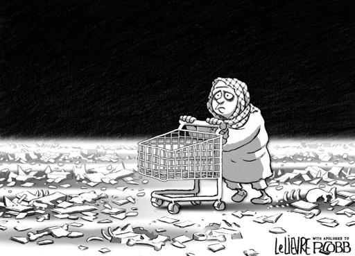 Against a black sky, a dazed-looking woman in Palestinian headscarf pushes an empty shopping trolley through a field of rubble, with scattered human bones.
In the lower-right corner: "LeLIEVRE with apologies to R COBB"