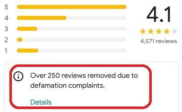 Screenshot of a business on Google Maps with "Over 250 reviews removed due to defamation complaints." in the past past 365 days.