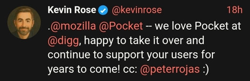 .@mozilla @Pocket -- we love Pocket at @digg, happy to take it over and continue to support your users for years to come! cc: @peterrojas :)