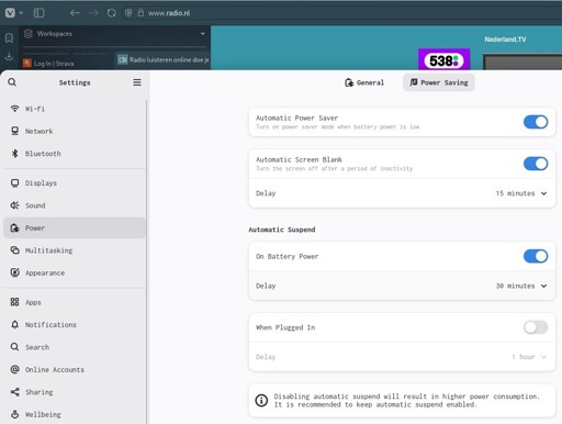 Vivaldi not playing audio. Automatic suspend options are available. 