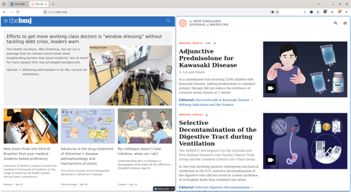 Screenshot Split view tab showing two medical portals, the British Medical Journal (BMJ) on the left and the New England Journal of Medicine on the right hand side. The tab shows the information of the two sites simultaneously, splitting the view in two sides of equal width. 