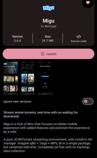 Migu, anime torrent streamer. On Droidify. 