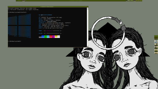 absolutely not unixporn: screenshot of a heavily customized windows 10 machine running a blackbox fork, the background is PMJV's Ouroboros